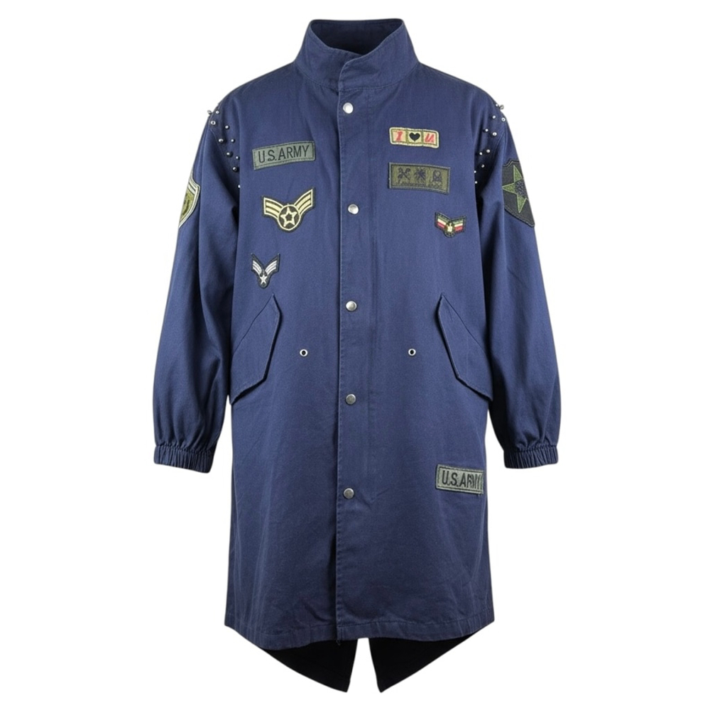 Vintage Nissi Style Navy Blue Army Patch Studded Midi Jacket Oversized MEDIUM
